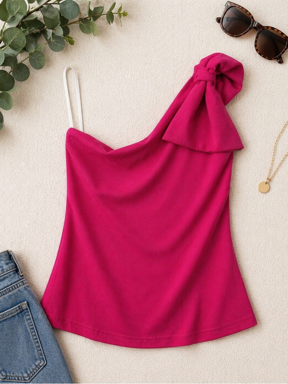*Hot Pink One Shoulder Bow Top Asymmetrical Sleeveless Blouse Barbiecore LargeXL